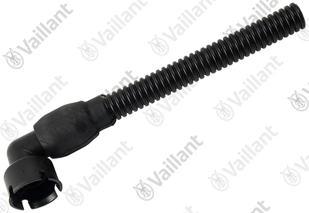 Schwarzes Wellrohr mit gebogenem Ende, geeignet für Vaillant-Produkte, zur Verbindung von Komponenten. Flexibles Design ermöglicht einfache Installation.